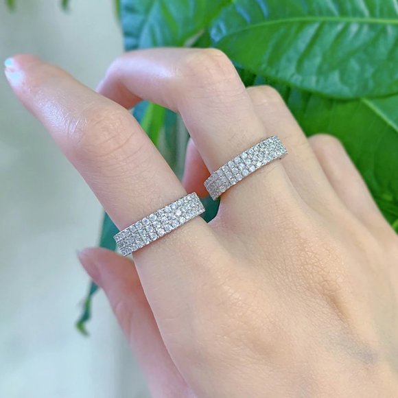 Certified 1.5 mm Moissanite Diamond Three Row Pave Full Eternity Band Ring - Picture 3 of 12